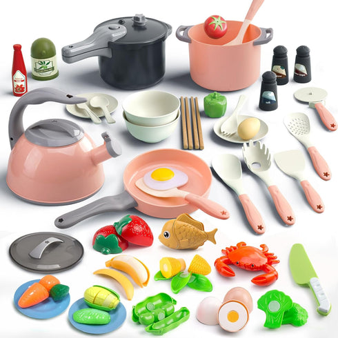 Bruvoalon 67Pcs Kids Play Kitchen Toys Set, Pretend Cooking Playset with Pots, Pans, Utensils, Foods, Learning Gift for