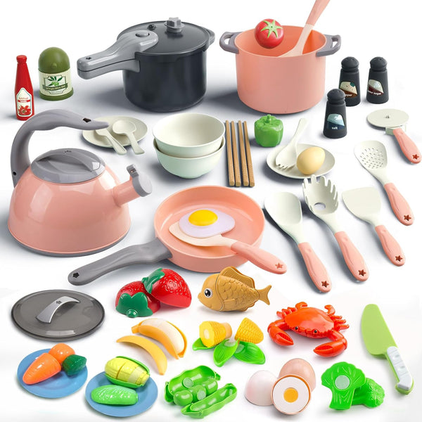 Bruvoalon 67Pcs Kids Play Kitchen Toys Set, Pretend Cooking Playset with Pots, Pans, Utensils, Foods, Learning Gift for
