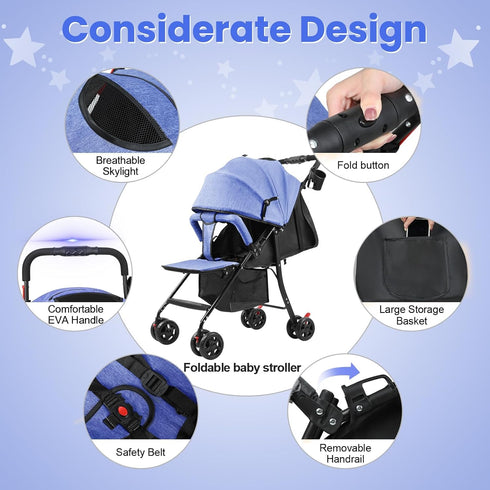 Grebest 4-Season 0-2 10kg Travel Baby Stroller, One-Hand Folding Infant Pushchair with Adjustable Backrest, Canopy