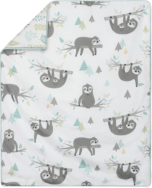 Set 4 Sweet Jojo Designs Blue and Grey Jungle Sloth Leaf Baby Unisex Boy or Girl Nursery Crib Bedding - Pieces