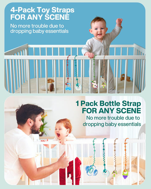 Toy Straps for Baby, 5pcs Adjustable Silicone Toy Holder for Stroller Accessories, No Throw Baby Travel Essential