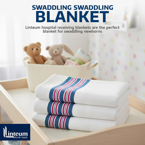 100% 30x40 6-Pack Linteum Textile Supply Hospital Receiving Blankets for Newborns Cotton, in, White w/Teal & Pink