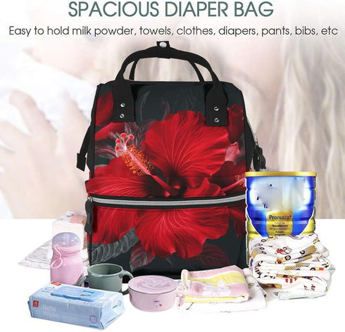 DWVTSLH Backpack Mummy Backpack Red Hibiscus Flowers Diaper Bag Multifunction Nappy Bags Waterproof Large Capacity