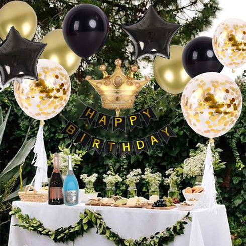 Birthday Party Decorations KIT - Happy Birthday Banner, Gold Crown Balloon, Gold and Black Latex Balloons