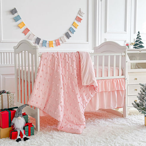 Set 3pc Set Pink Crib Bedding Tufted Dots Jacquard Baby Girls Comforter with Fitted Sheet and Bed Skirt - Cute