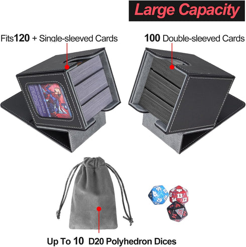 MTG Deck Box for Commander Display, Fits 100 Double Sleeved Cards, Black/Grey Card Storage Box with Dividers