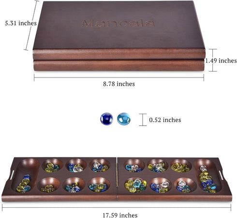 Wooden Mancala Board Game with Magnetic Lock - 48+8 Extra Multi Color Glass Stones, Folding Set for 2 Players, Ages 6+