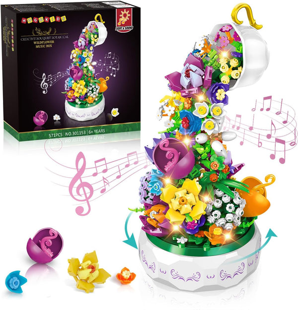 HOGOKIDS Flowers Music Box Building Block Kit with Light- 571PCS Valentines Day
