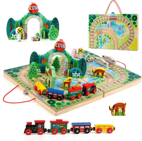 Joqutoys 18 Piece Train Set for Toddlers, Wooden Take-Along Tabletop Railroad for