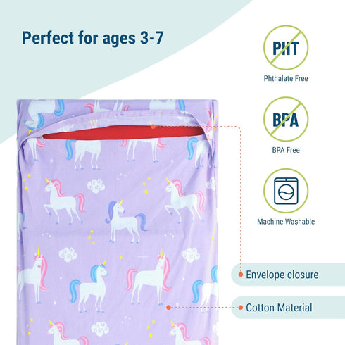 Wildkin Kids Cotton Nap Mat Cover - Unicorn, Soft Sewn-in Flap, Durable, Fits 1.5" Vinyl Sleep Mats