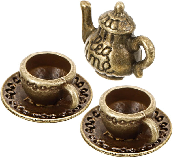 ARTIBETTER Miniature Iron Tea Cup Set, Vintage Dollhouse Teapot and Tiny Tea Cups for Coffee Shop Accessories