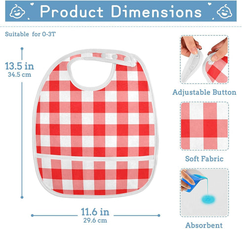 IHCVHQX 1 Pack Baby Feeding Bibs for Boys Girls Red Checkerboard Button Newborn Infant Bibs Teething Bib