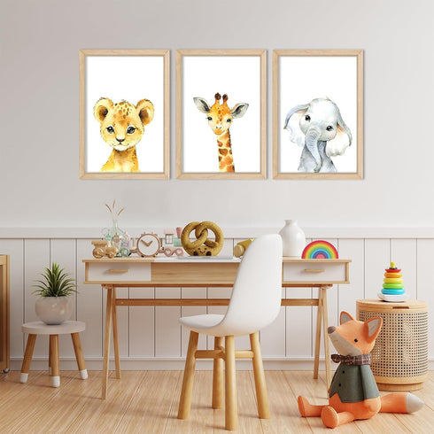 YWJKWLGS Set 3, 11x16 Inch Safari Nursery Wall Art of Natural Wood Framed Watercolor Animal Print, Giraffe Lion