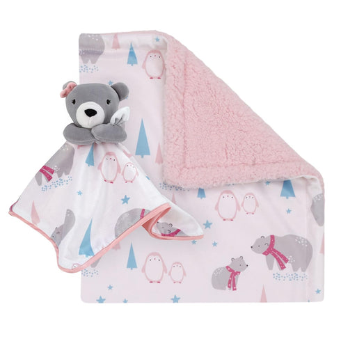 NoJo Girl Bear and Penguins White, Gray, Pink Super Soft Christmas Sherpa Baby Blanket and Security Blanket Set