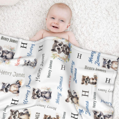 Novusopt Personalized Raccoon Baby Blanket - Custom Name Receiving Blanket for Boys, Newborn Soft Nursery Blankets