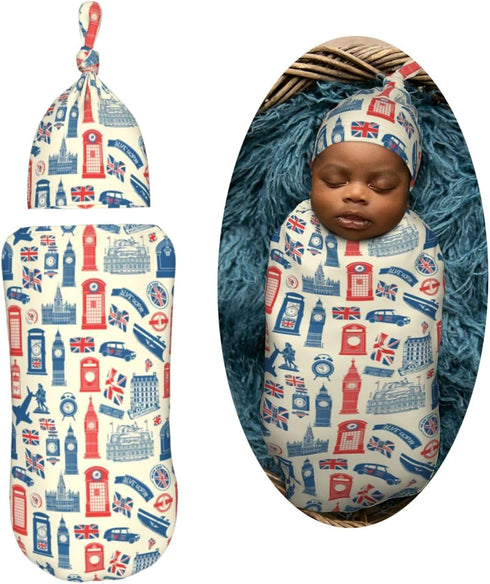 Sets Vintage British Flag Newborn Swaddle Blankets Hat Soft Baby Receiving Blanket Swaddle Sack for Baby Shower Infant