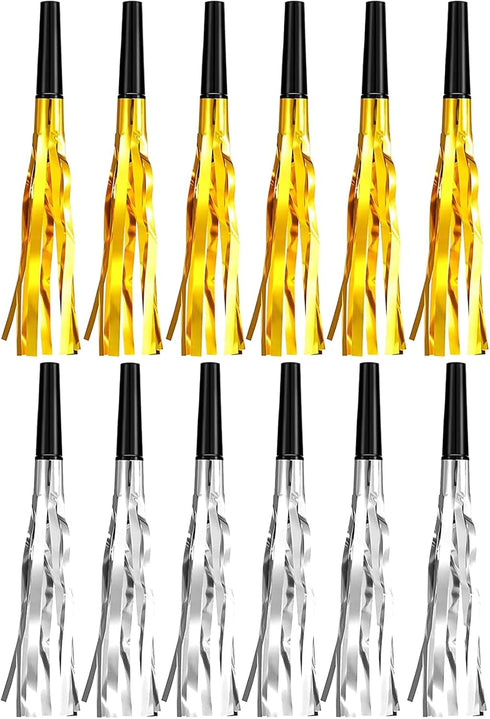 12 Pieces Gold Silver Glitter Noise Makers, Metallic Fringed Party Blowers for Birthday Graduation Events 2024