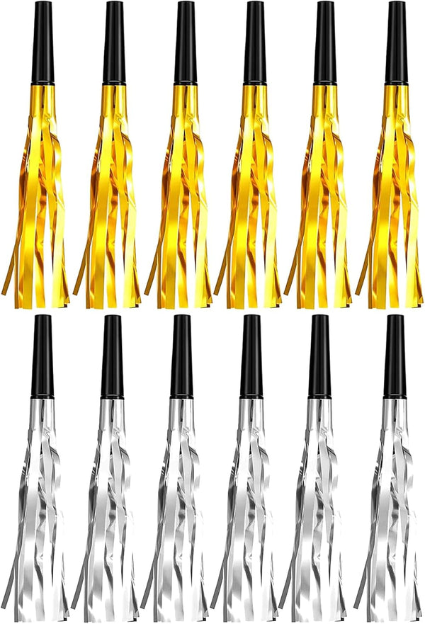12 Pieces Gold Silver Glitter Noise Makers, Metallic Fringed Party Blowers for Birthday Graduation Events 2024