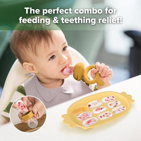 Haakaa Baby Fruit Food Feeder & Silicone Nibble Tray Combo - Breastmilk Popsicle Mold for Baby Cooling Relief, BPA Free