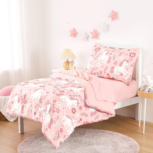 Set 4 Set Wake In Cloud - Toddler Bedding for Girls, Cute Unicorn Floral Botanical, Pieces Soft Crib Bed Including