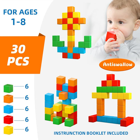 30 Pcs Magnetic Blocks, 1.41 Inch Large Building Cubes for Toddlers Age 3-8, STEM Montessori Educational Toys