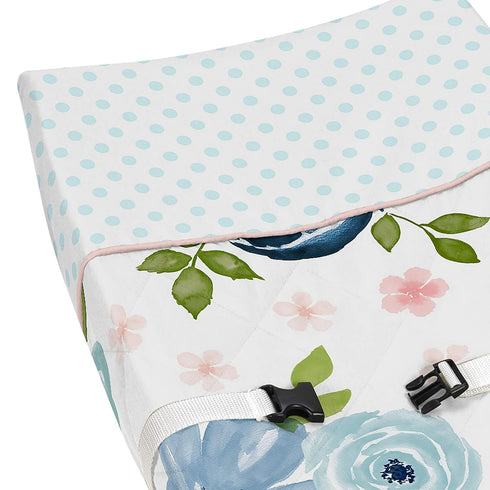 Sweet Jojo Designs Navy Blue and Pink Watercolor Floral Girl Baby Nursery Changing Pad Cover - Blush, Green and White