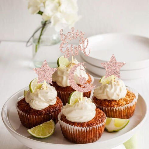 24 PCS Rose Gold Baby Girl Cupcake Toppers with Moon Star Glitter for Birthday Party Cake Decorations