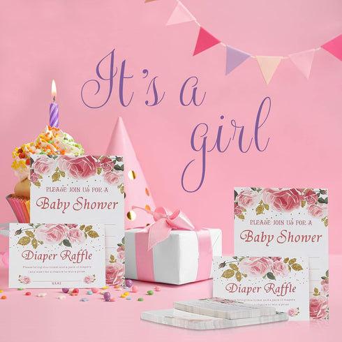 Set 25 Marspark of Pink Floral Baby Shower Invitations, Diaper Raffle Tickets and Baby Shower Invitation Cards
