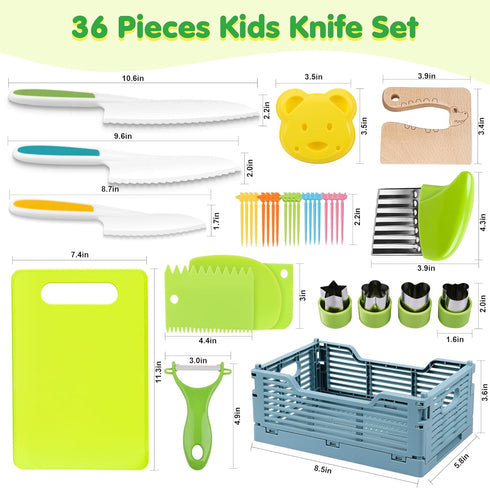 VVSBPL 36Pcs Set Set 3-10 Kids Knife for Real Cooking, Montessori Kitchen Tools for Toddlers, Safe Kids Cooking Toys