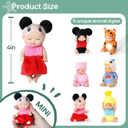 6 Sets 4 Inch Dolls Mini Reborn Baby Dolls with Animal Clothes Realistic Baby Doll Set for Girls Boys Toddlers and Kids 3+ (B)