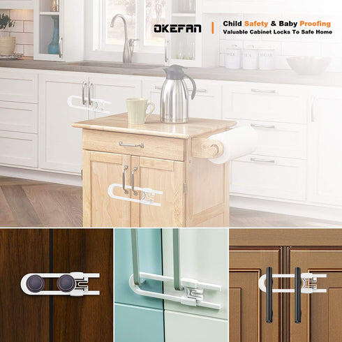 Sliding Cabinet Child Safety Locks, OKEFAN Baby Proofing Cabinet Lock Cupboard Latches for Kids, No Drill (10, White)