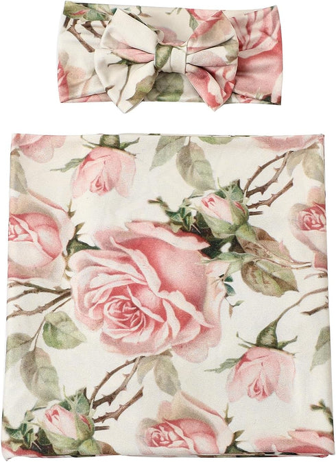 Galabloomer Newborn Receiving Blanket Headband Set, Vintage Flower Baby Flower Swaddle