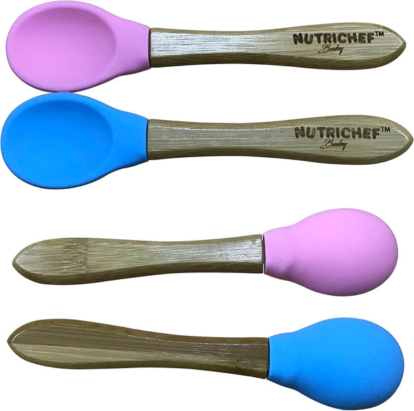 Nutrichef 2 Piece Baby & Toddler Spoon Set, All Natural Wooden Spoon Set w/Soft Curved Food Grade Silicone Head, Self-Feeding Utensils, BPA Free, Toddler & Child Tableware for ages 4 months- 6 years