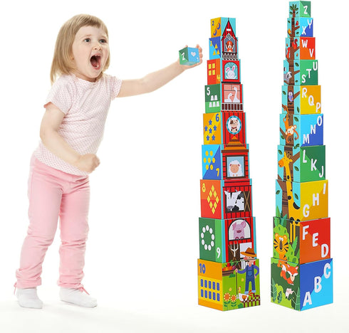 Animal Sorting and Stacking Blocks - Educational ABC & Numbers Toy for Babies and Toddlers, Montessori Learning Tower