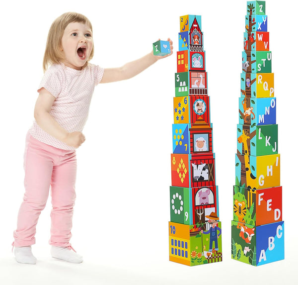 Animal Sorting and Stacking Blocks - Educational ABC & Numbers Toy for Babies and Toddlers, Montessori Learning Tower
