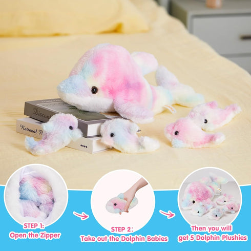 17-Inch 4 Set WEWILL Rainbow Dolphin Plush Toy with Baby | Soft & Cuddly Stuffed Family | Colorful Dolphin Plush Gift