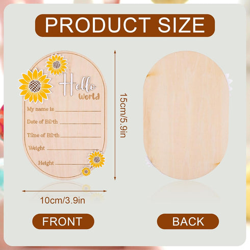Gosknor 5.9in Baby Announcement Sign, Newborn Announcement Sign, Oval Sunflower Hello World Sign, Wooden Welcome Birth