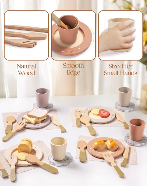 Set, 29PCS ROBOTIME Play Kitchen Dishes Wooden Toddler Plates and Dishes for Boys Girls Gifts