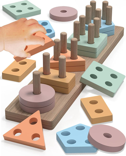 Montessori Toys for 1-3 Year Old Boys & Girls, Wooden Sorting & Stacking Puzzles for Toddlers Birthday Gifts