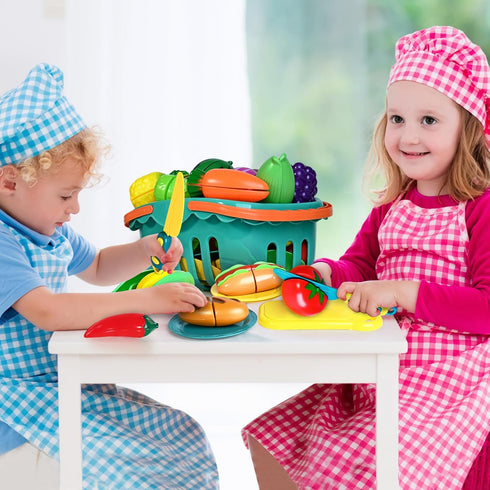 100 PCS Cutting Play Food Toy for Kids Kitchen, Pretend Food Toys with Baskets, Birthday Gifts for Ages 3-5
