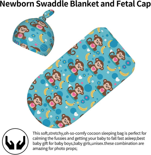 Nanyizly Set 0-6m Monkeys and Bananas Newborns Beanie Swaddle Blanket Baby Receiving Blankets for Infant Boy Girl
