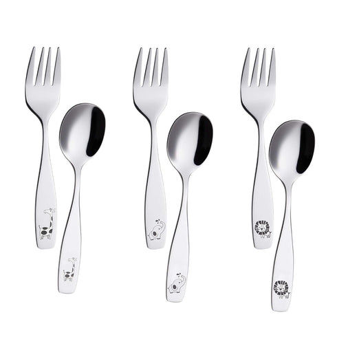 ANNOVA Kids Silverware Set, 6 Pieces Stainless Steel Flatware for Children, 3 Forks & 3 Spoons, Safari Animals Etched