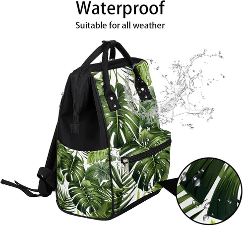 Hsnar Backpack Tropical Leaf Green Waterproof Diaper Bag Large Capacity Baby Bag with Stroller Straps, Multi-Pocket