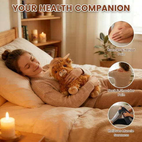 SuzziPals Heatable Coolable Weighted Highland Cow Stuffed Animals Plushie, Microwavable Heating Pad for Period Cramps