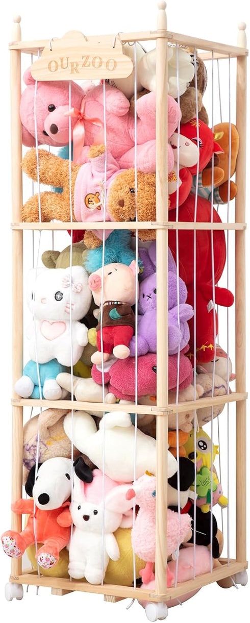 Nuoex Stuffed Animal Storage, Wooden Zoo Toy Storage Holder with Wheels, Extra