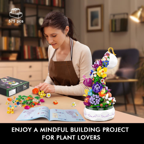 571PCS Set 6+ HOGOKIDS Flowers Music Box Building Block Kit with Light- Valentines Day Gifts Decoration Rotating Music