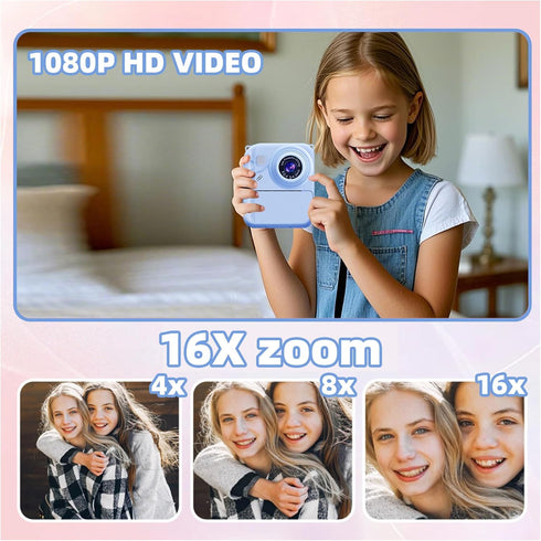 QDH 1080P 3 32GB 3-12, Instant Print Camera for Kids, Video Camera with Print Rolls, Card & Cute Cover, Gift for Girls