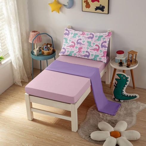 4 Set Sets Set Piece Toddler Dinosaur Bedding for Girls,Pink Dino Toddler Comforter Soft Bed Include Comforter,Fitted