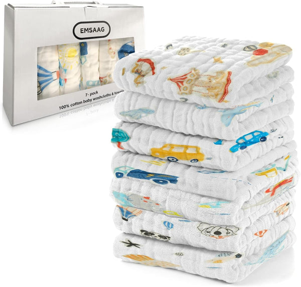 EMSAAG Car Pattern Baby Washcloths Pack of 7 - Absorbent Cotton Bath and