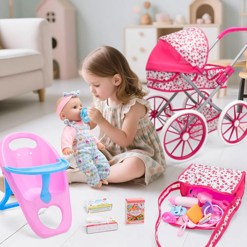 Set Playset 12" Stroller,2 Sets 3-7 deAO Baby Doll Stroller Baby Doll Accessories Pretend Play Toys with Baby